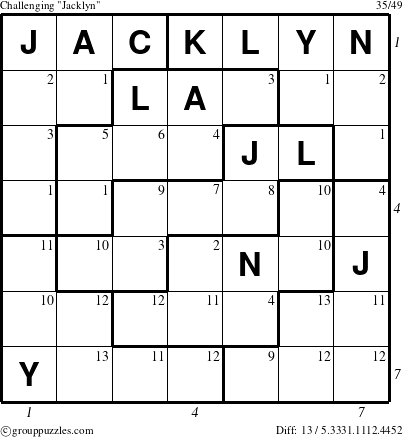 The grouppuzzles.com Challenging Jacklyn puzzle for , suitable for printing, with all 13 steps marked