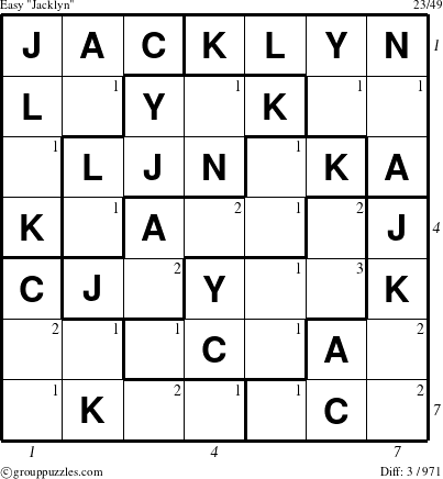 The grouppuzzles.com Easy Jacklyn puzzle for , suitable for printing, with all 3 steps marked