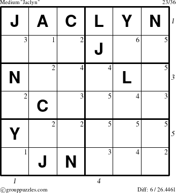 The grouppuzzles.com Medium Jaclyn puzzle for , suitable for printing, with all 6 steps marked