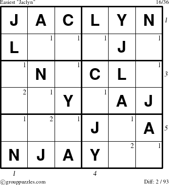 The grouppuzzles.com Easiest Jaclyn puzzle for , suitable for printing, with all 2 steps marked