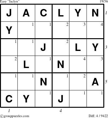 The grouppuzzles.com Easy Jaclyn puzzle for , suitable for printing, with all 4 steps marked