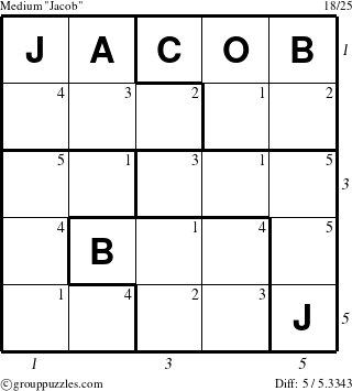 The grouppuzzles.com Medium Jacob puzzle for , suitable for printing, with all 5 steps marked