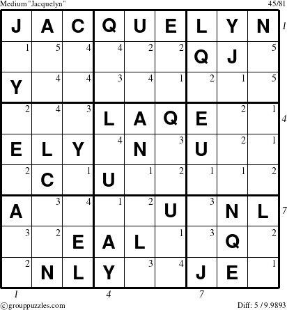 The grouppuzzles.com Medium Jacquelyn puzzle for , suitable for printing, with all 5 steps marked