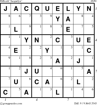 The grouppuzzles.com Difficult Jacquelyn puzzle for , suitable for printing, with all 9 steps marked