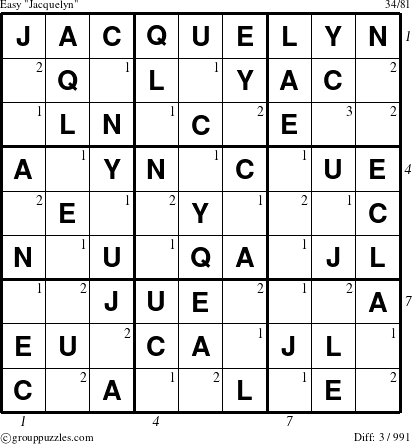 The grouppuzzles.com Easy Jacquelyn puzzle for , suitable for printing, with all 3 steps marked