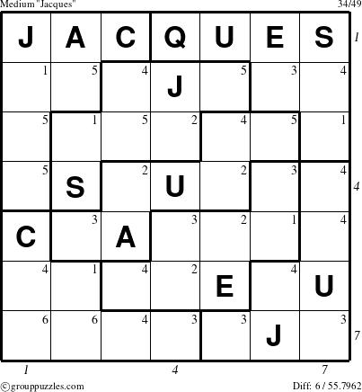 The grouppuzzles.com Medium Jacques puzzle for , suitable for printing, with all 6 steps marked