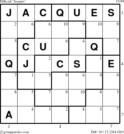 The grouppuzzles.com Difficult Jacques puzzle for , suitable for printing, with all 10 steps marked