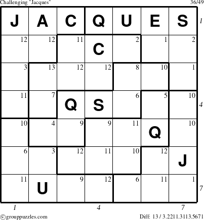 The grouppuzzles.com Challenging Jacques puzzle for , suitable for printing, with all 13 steps marked