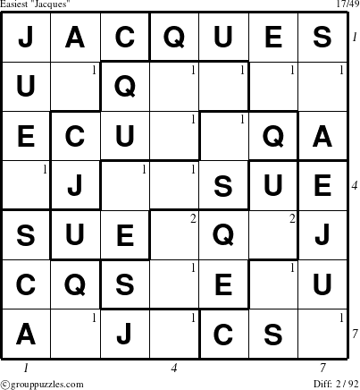 The grouppuzzles.com Easiest Jacques puzzle for , suitable for printing, with all 2 steps marked