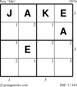 The grouppuzzles.com Easy Jake puzzle for , suitable for printing, with all 3 steps marked