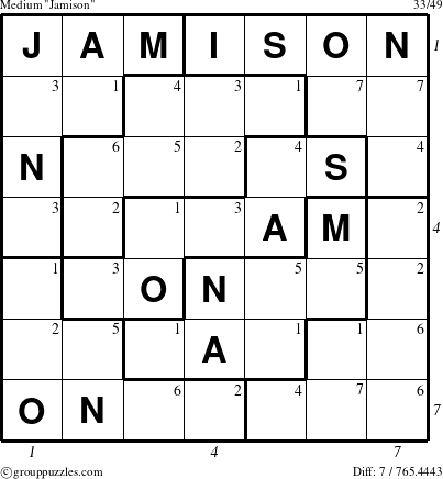 The grouppuzzles.com Medium Jamison puzzle for , suitable for printing, with all 7 steps marked