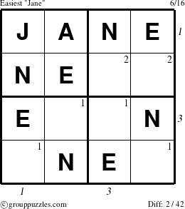 The grouppuzzles.com Easiest Jane puzzle for , suitable for printing, with all 2 steps marked