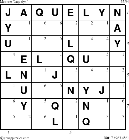 The grouppuzzles.com Medium Jaquelyn puzzle for , suitable for printing, with all 7 steps marked