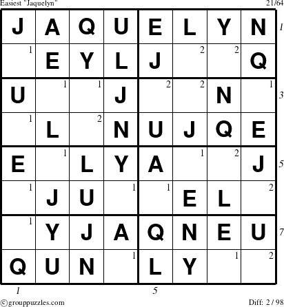 The grouppuzzles.com Easiest Jaquelyn puzzle for , suitable for printing, with all 2 steps marked