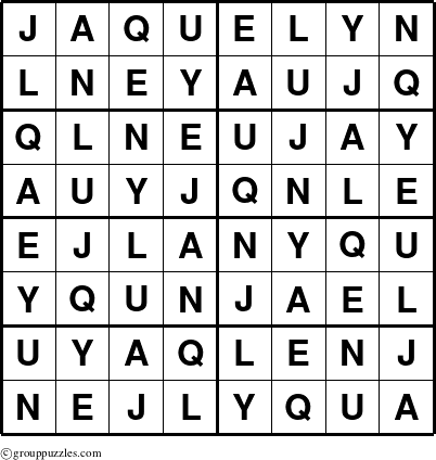 The grouppuzzles.com Answer grid for the Jaquelyn puzzle for 