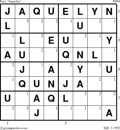 The grouppuzzles.com Easy Jaquelyn puzzle for , suitable for printing, with all 3 steps marked