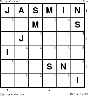 The grouppuzzles.com Medium Jasmin puzzle for , suitable for printing, with all 5 steps marked