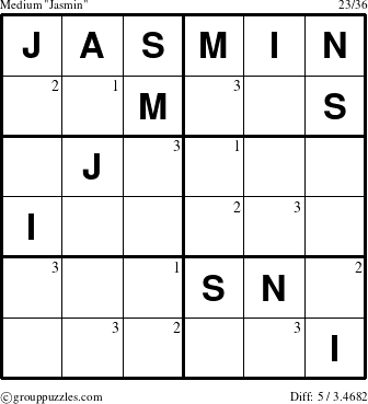 The grouppuzzles.com Medium Jasmin puzzle for  with the first 3 steps marked