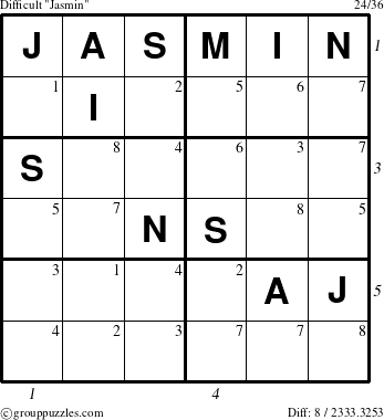 The grouppuzzles.com Difficult Jasmin puzzle for , suitable for printing, with all 8 steps marked