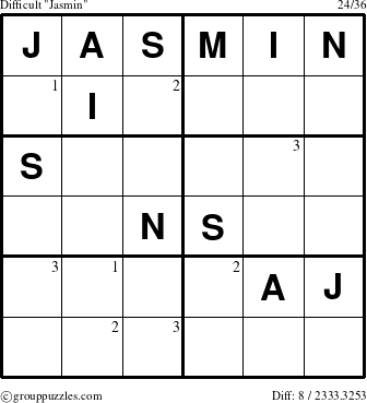 The grouppuzzles.com Difficult Jasmin puzzle for  with the first 3 steps marked