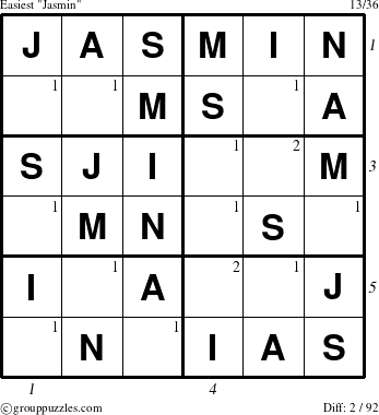 The grouppuzzles.com Easiest Jasmin puzzle for , suitable for printing, with all 2 steps marked