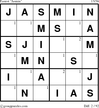 The grouppuzzles.com Easiest Jasmin puzzle for  with the first 2 steps marked