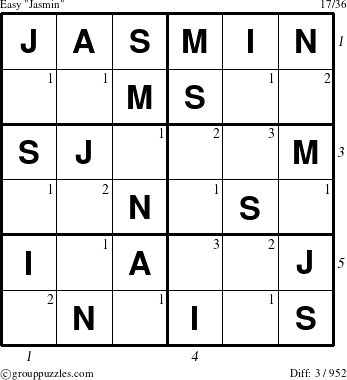 The grouppuzzles.com Easy Jasmin puzzle for , suitable for printing, with all 3 steps marked