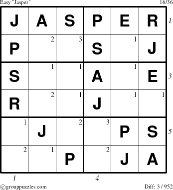 The grouppuzzles.com Easy Jasper puzzle for , suitable for printing, with all 3 steps marked