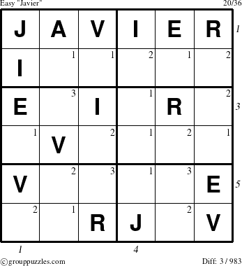 The grouppuzzles.com Easy Javier puzzle for , suitable for printing, with all 3 steps marked