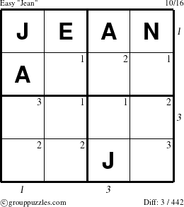 The grouppuzzles.com Easy Jean puzzle for , suitable for printing, with all 3 steps marked