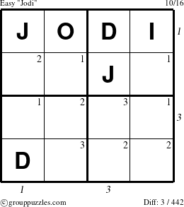 The grouppuzzles.com Easy Jodi puzzle for , suitable for printing, with all 3 steps marked