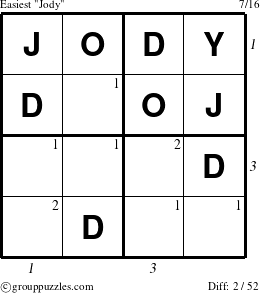 The grouppuzzles.com Easiest Jody puzzle for , suitable for printing, with all 2 steps marked