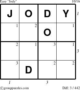 The grouppuzzles.com Easy Jody puzzle for , suitable for printing, with all 3 steps marked