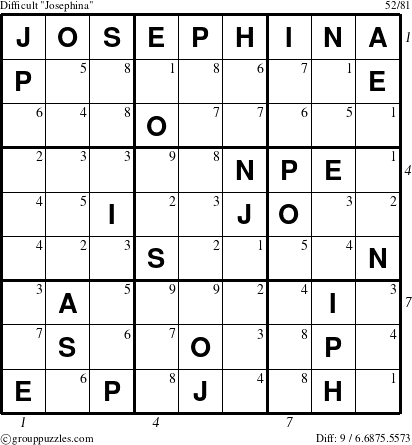 The grouppuzzles.com Difficult Josephina puzzle for , suitable for printing, with all 9 steps marked