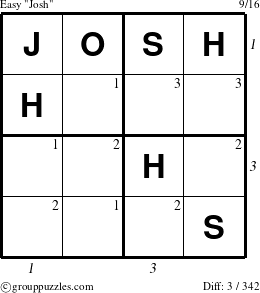 The grouppuzzles.com Easy Josh puzzle for , suitable for printing, with all 3 steps marked