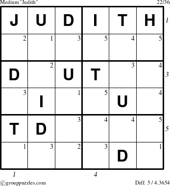 The grouppuzzles.com Medium Judith puzzle for , suitable for printing, with all 5 steps marked