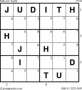 The grouppuzzles.com Difficult Judith puzzle for  with all 8 steps marked