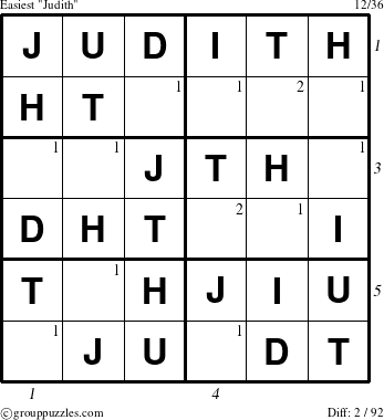 The grouppuzzles.com Easiest Judith puzzle for , suitable for printing, with all 2 steps marked