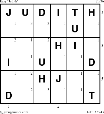 The grouppuzzles.com Easy Judith puzzle for , suitable for printing, with all 3 steps marked