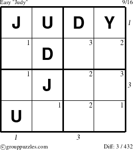 The grouppuzzles.com Easy Judy puzzle for , suitable for printing, with all 3 steps marked