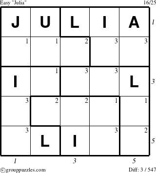 The grouppuzzles.com Easy Julia puzzle for , suitable for printing, with all 3 steps marked