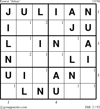 The grouppuzzles.com Easiest Julian puzzle for , suitable for printing, with all 2 steps marked