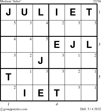 The grouppuzzles.com Medium Juliet puzzle for , suitable for printing, with all 5 steps marked