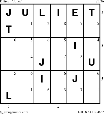 The grouppuzzles.com Difficult Juliet puzzle for , suitable for printing, with all 8 steps marked