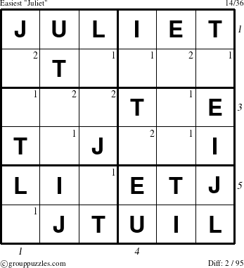 The grouppuzzles.com Easiest Juliet puzzle for , suitable for printing, with all 2 steps marked