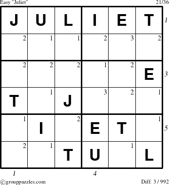 The grouppuzzles.com Easy Juliet puzzle for , suitable for printing, with all 3 steps marked