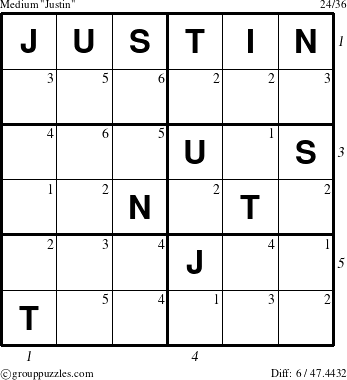 The grouppuzzles.com Medium Justin puzzle for , suitable for printing, with all 6 steps marked