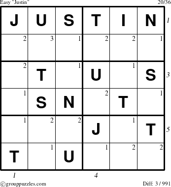 The grouppuzzles.com Easy Justin puzzle for , suitable for printing, with all 3 steps marked