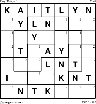 The grouppuzzles.com Easy Kaitlyn puzzle for  with the first 3 steps marked
