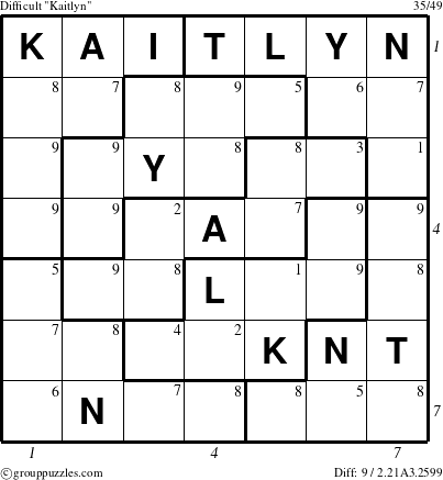 The grouppuzzles.com Difficult Kaitlyn puzzle for , suitable for printing, with all 9 steps marked